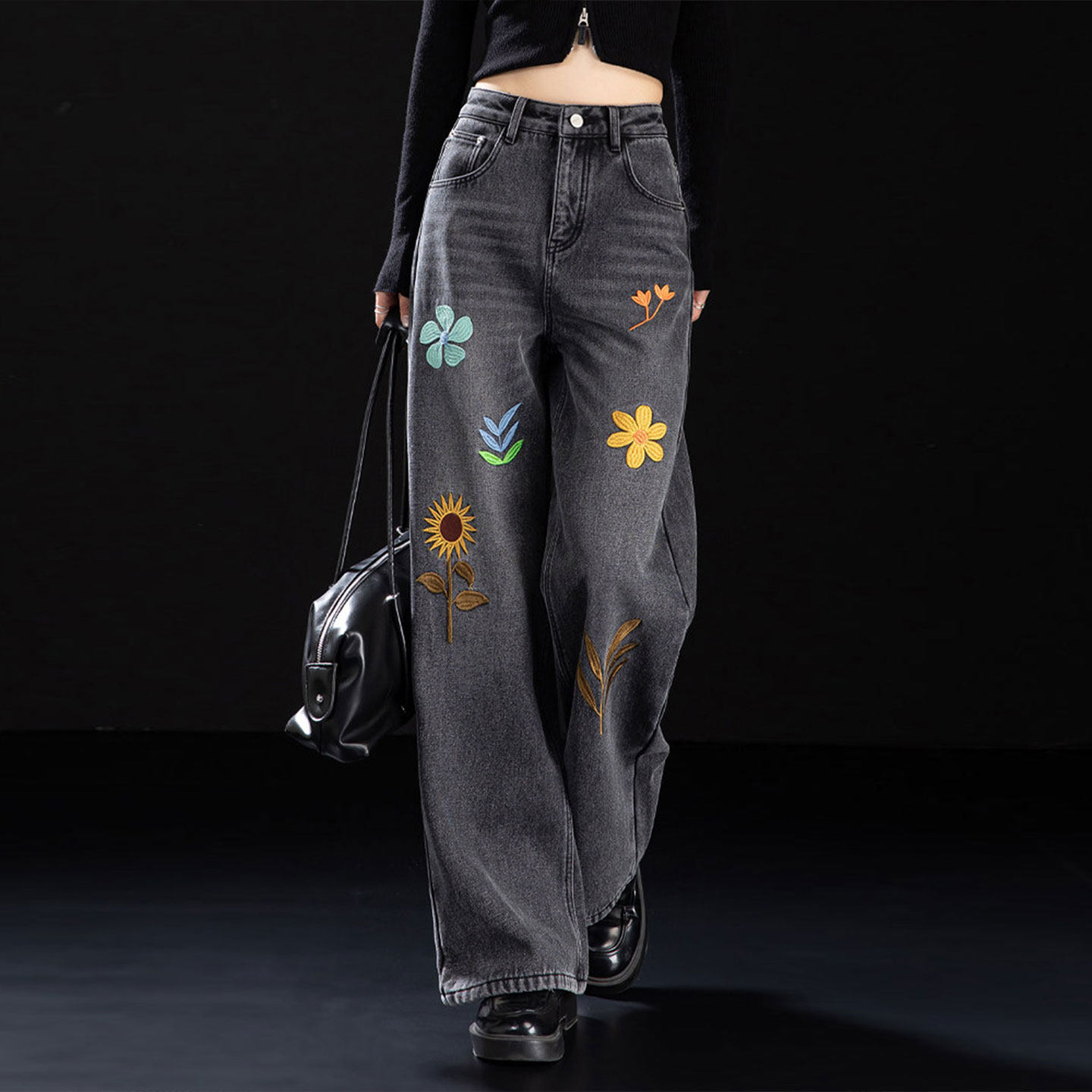 300斤胖mm大码复古水洗做旧牛仔裤女美式个性ins刺绣设计阔腿裤子,女装/女士精品,大码裤装,淘宝优惠券,粉丝福利购,淘宝优惠卷