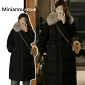特大码 过膝毛领外套 保暖中长款 女装 胖mm韩系穿搭黑色加厚棉服冬季
