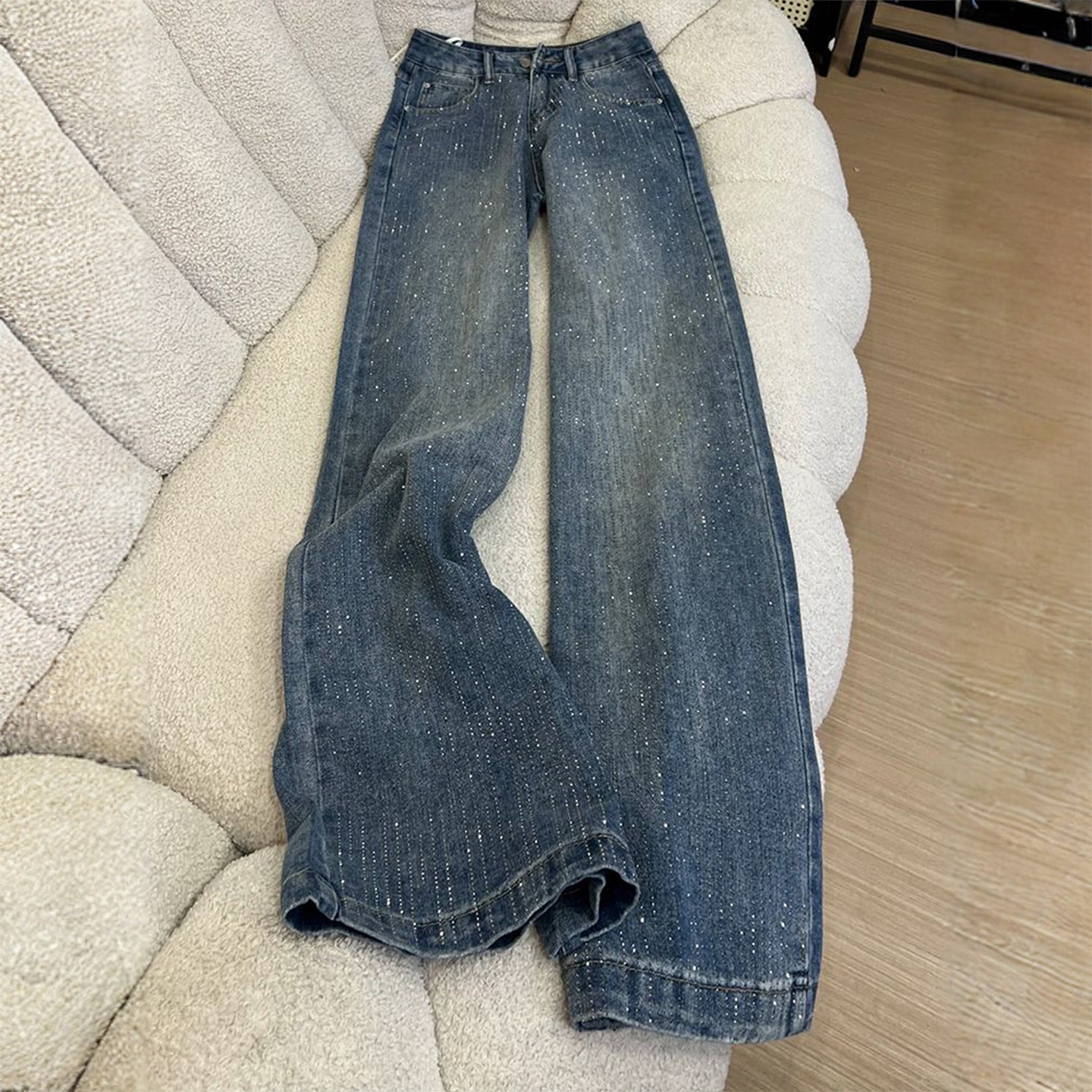 300斤大码女装美式重工烫钻蓝色牛仔裤女胖mm宽松设计感直筒裤子,女装/女士精品,大码裤装,淘宝优惠券,粉丝福利购,淘宝优惠卷