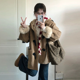 复古牛角扣外套潮 保暖加厚韩版 大码 胖mm羊羔毛连帽棉服女2025冬季