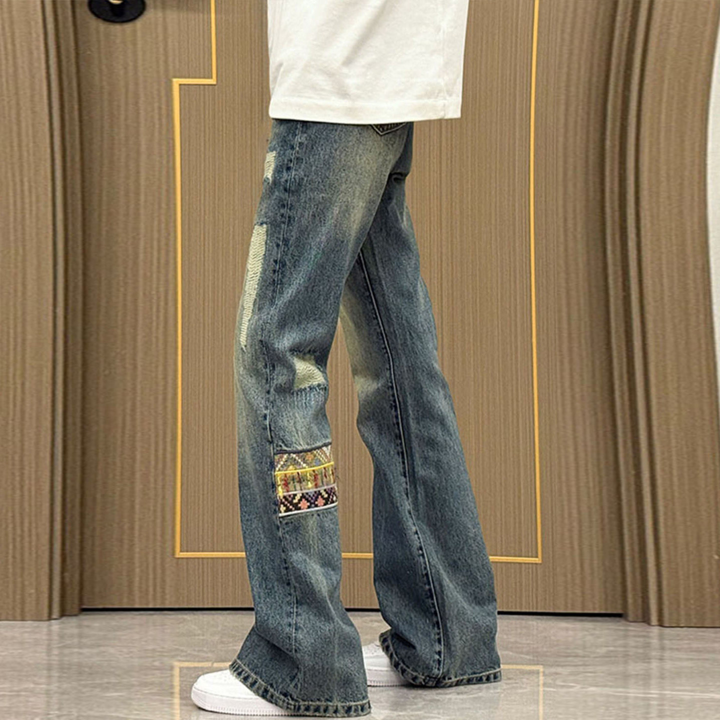 大码女装复古民族风拼接贴布牛仔裤女胖mm小众设计感显瘦微喇裤子,女装/女士精品,大码裤装,淘宝优惠券,粉丝福利购,淘宝优惠卷