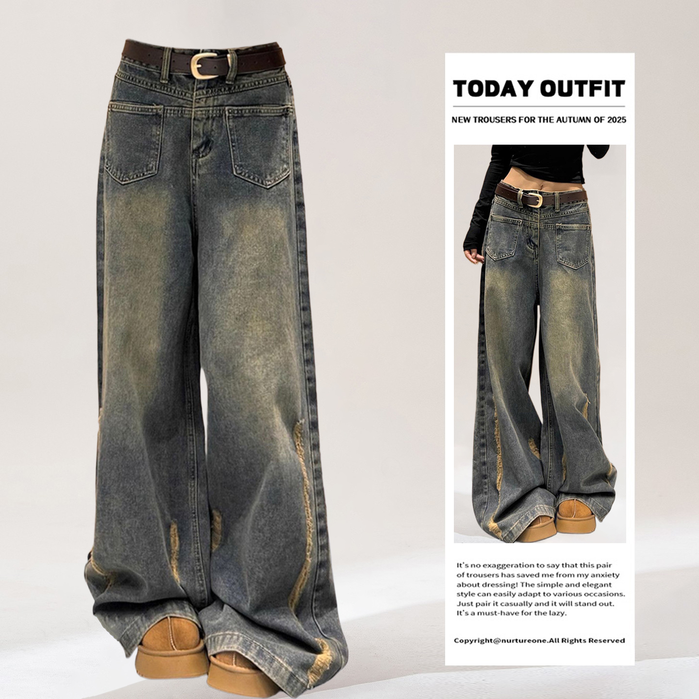 大码女装复古水洗做旧牛仔裤女裤