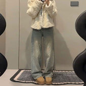 女装 胖mm美式 重工烫钻设计感牛仔裤 大码 女小众宽松显瘦阔腿长裤 子