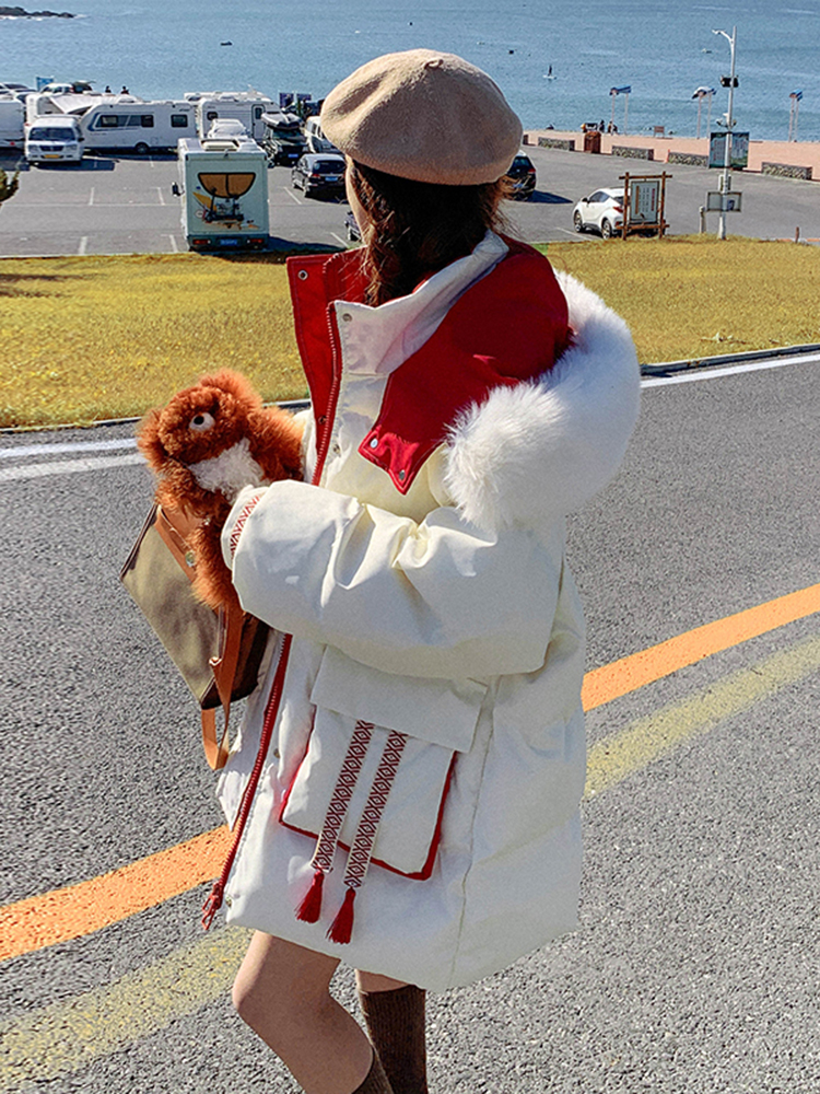 Plus Size Plus Size Women's Large Fur Collar Thickeneded Hooded Cotton Outwear Women's New Chinoiserie National Style Bread Outwear Cute Age-Reducing Outwear