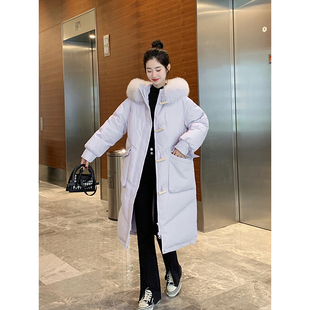 大码 棉服女韩系甜美风加厚大毛领防寒外套 女装 胖mm紫色牛角扣长款