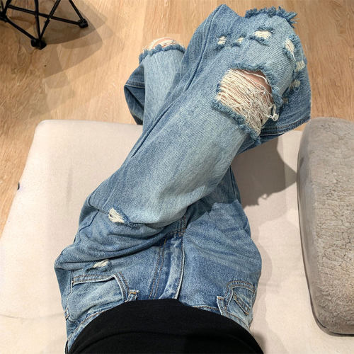 特大码胖mm高腰破洞设计感裤子女