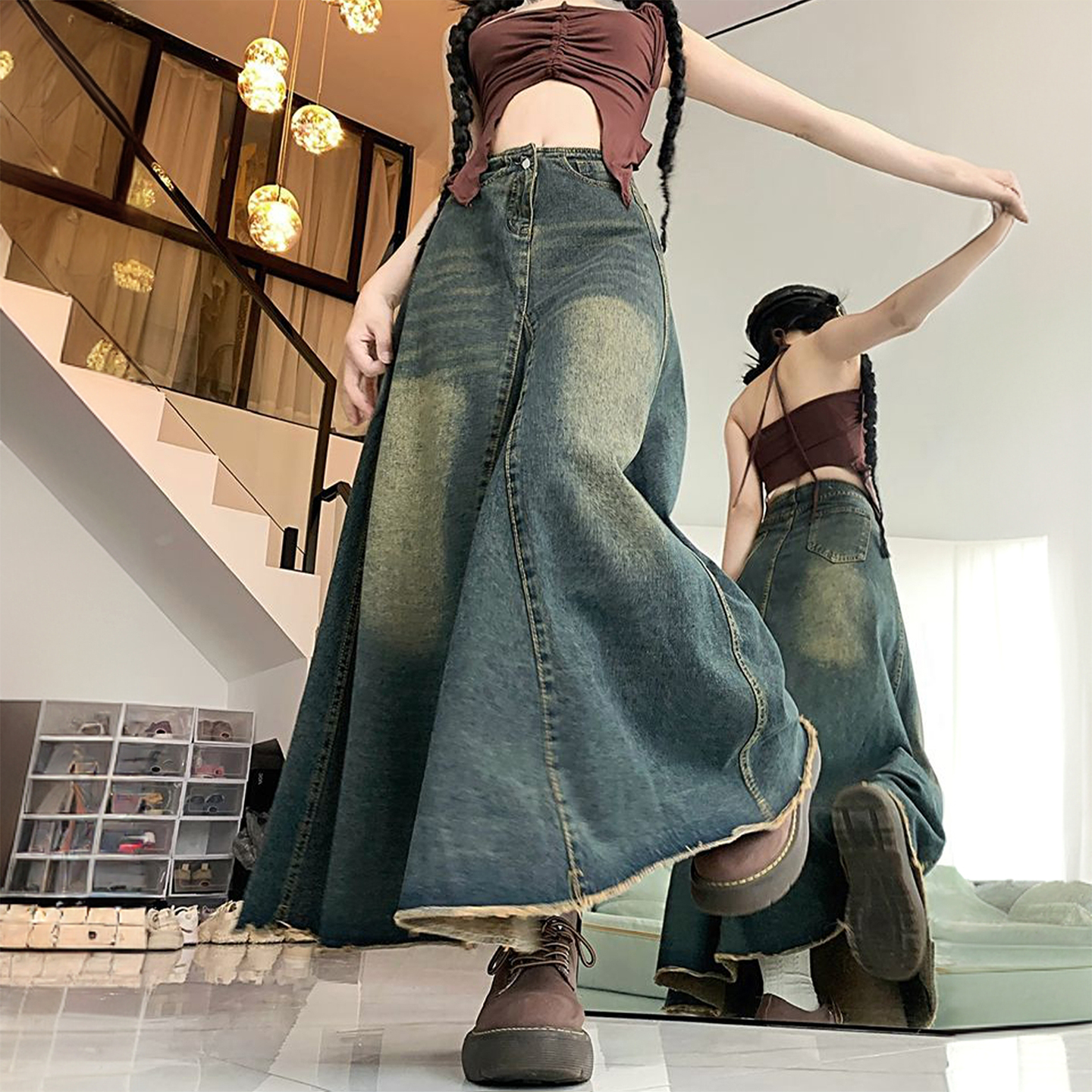 特大码女装美式毛边设计感a字鱼尾裙女胖mm显瘦遮肚子牛仔半身裙