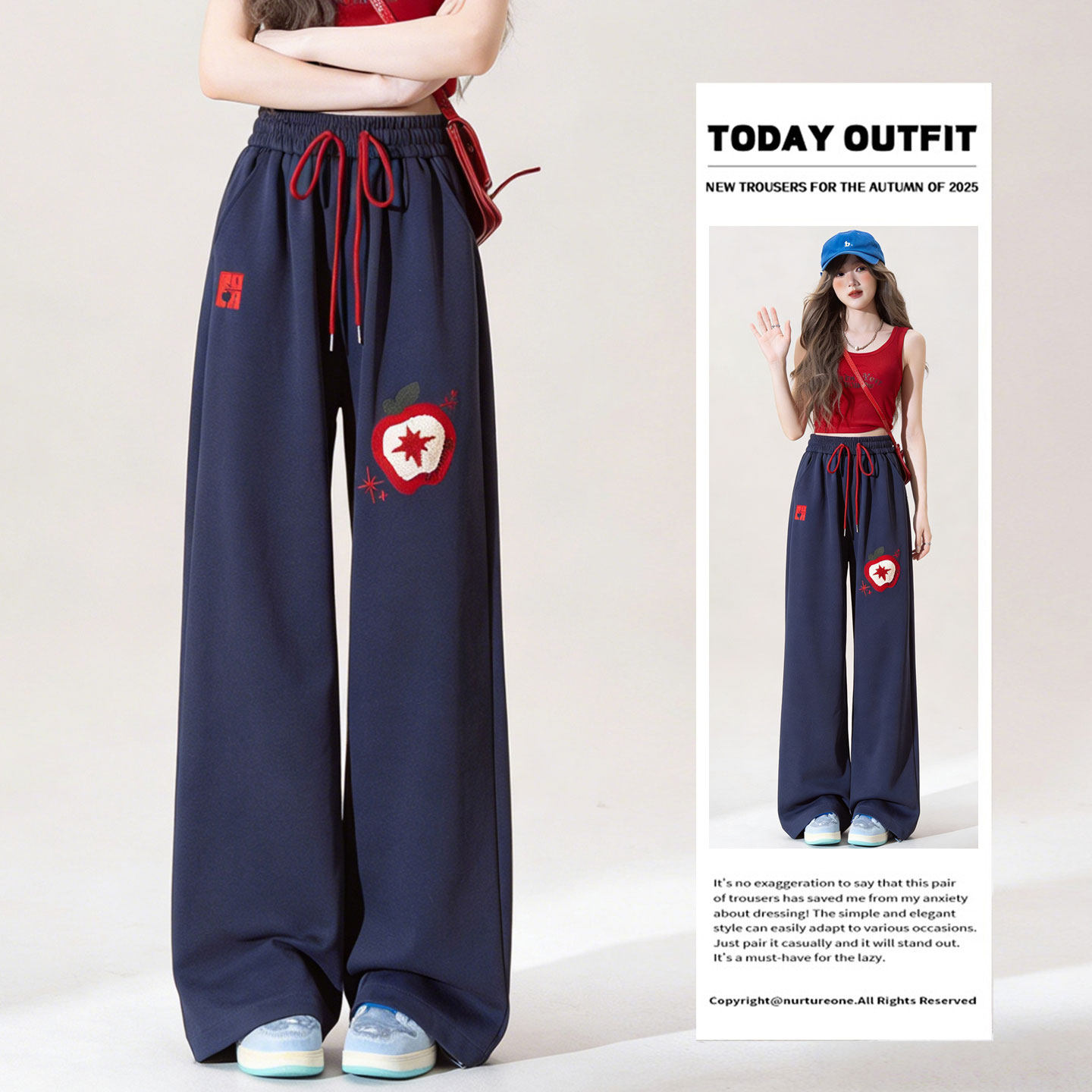 300斤大码女装美式复古运动卫裤女胖mm藏青色苹果刺绣休闲长裤子,女装/女士精品,大码裤装,淘宝优惠券,粉丝福利购,淘宝优惠卷