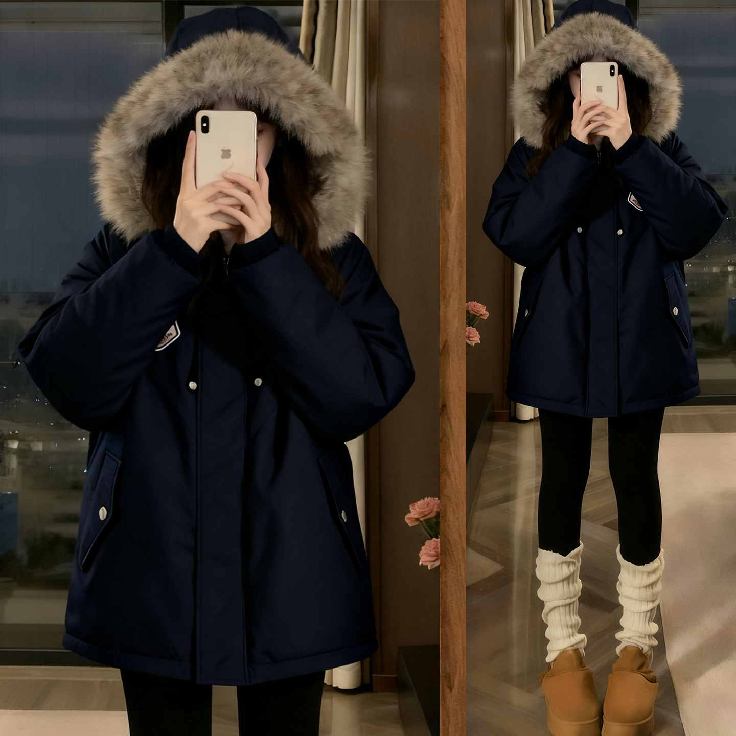 大码女装高级感藏青色毛领外套女