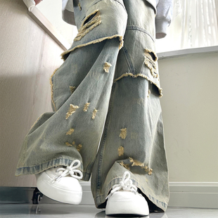 破洞显瘦宽松直筒裤 女胖mm美式 子 复古街头风阔腿牛仔裤 300斤大码