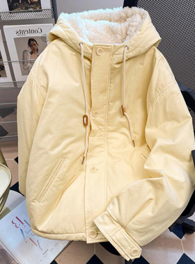 300斤特大码奶黄色慵懒风连帽棉服女冬季胖mm减龄百搭羊羔毛外套