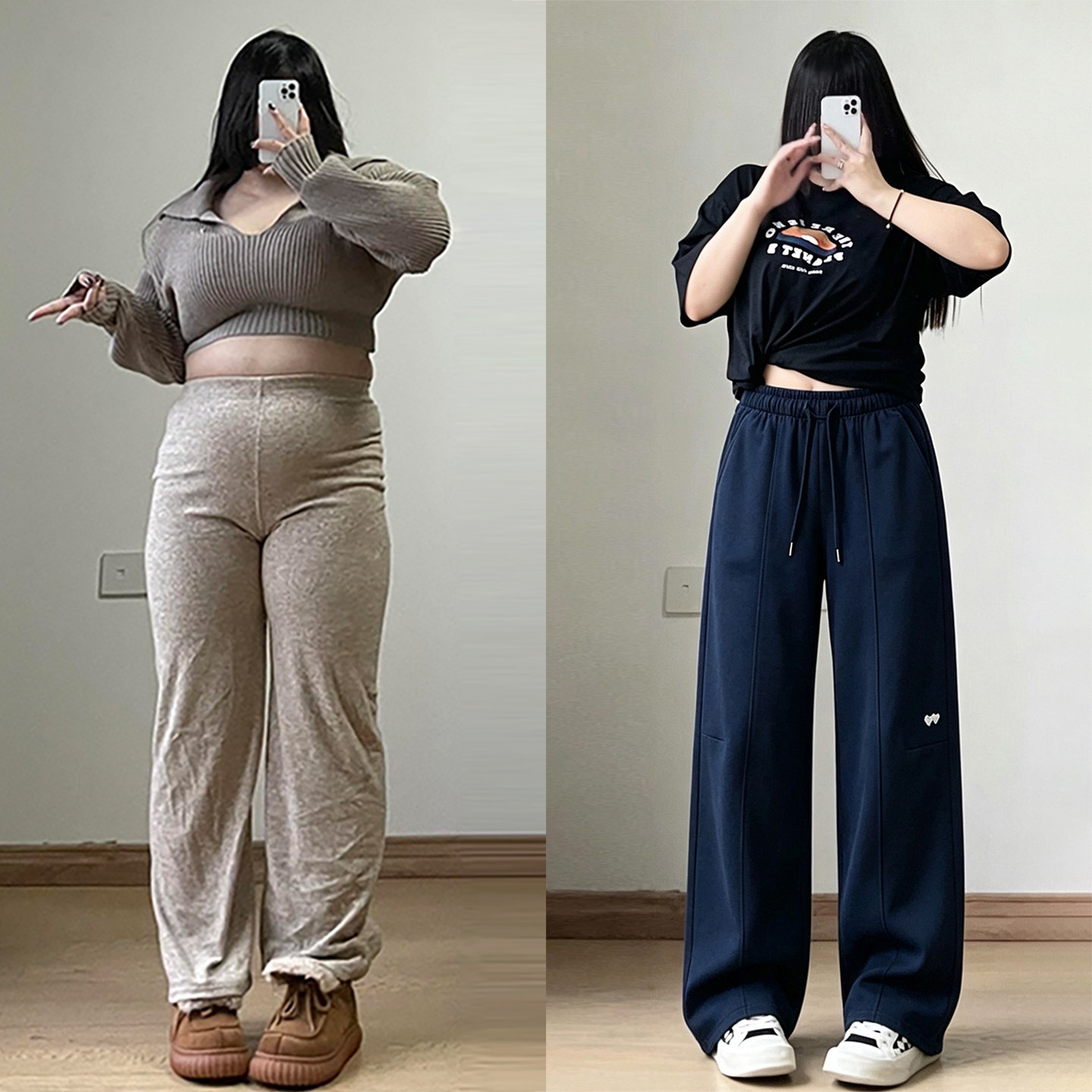 胖mm特大码藏青色休闲阔腿裤女秋季松紧腰宽松显瘦遮胯运动卫裤子