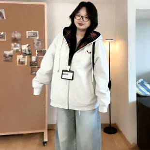 卫衣女胖mm遮肉显瘦宽松休闲外套 学院风韩系百搭连帽开衫 大码 女装