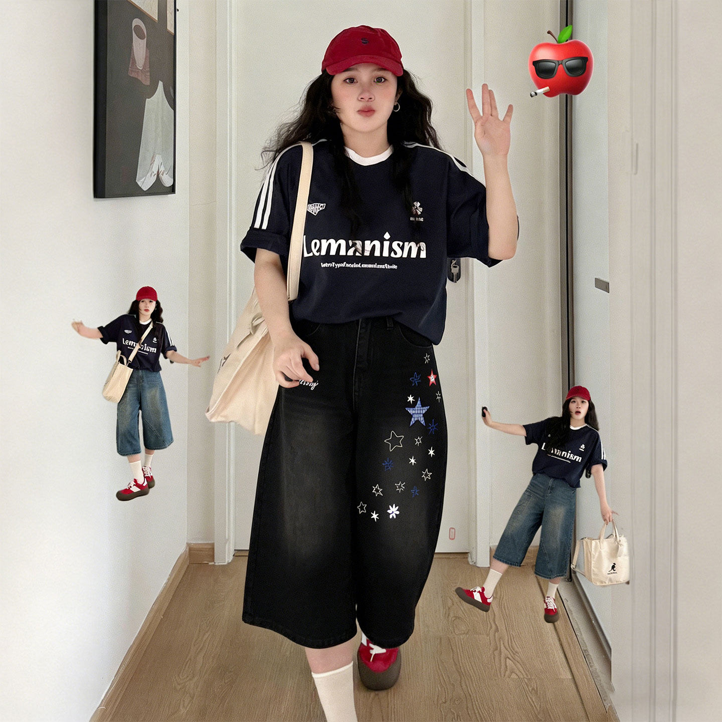 大码女装慵懒风百搭黑色阔腿牛仔短裤女胖mm宽松休闲刺绣七分裤子