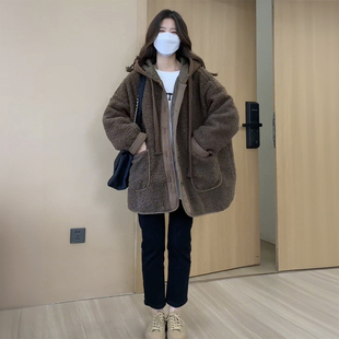 加厚保暖慵懒风棉服 胖mm棕色宽松显瘦羊羔毛外套女冬季 大码 女装