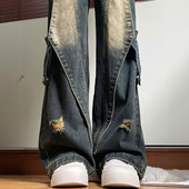 风直筒裤 300斤特大码 子 女胖mm韩版 ins学生工装 女装 蓝色破洞牛仔裤