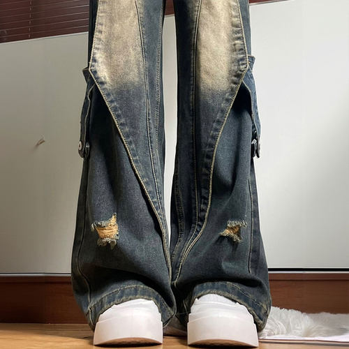 特大码胖mm个性ins破洞阔腿裤女