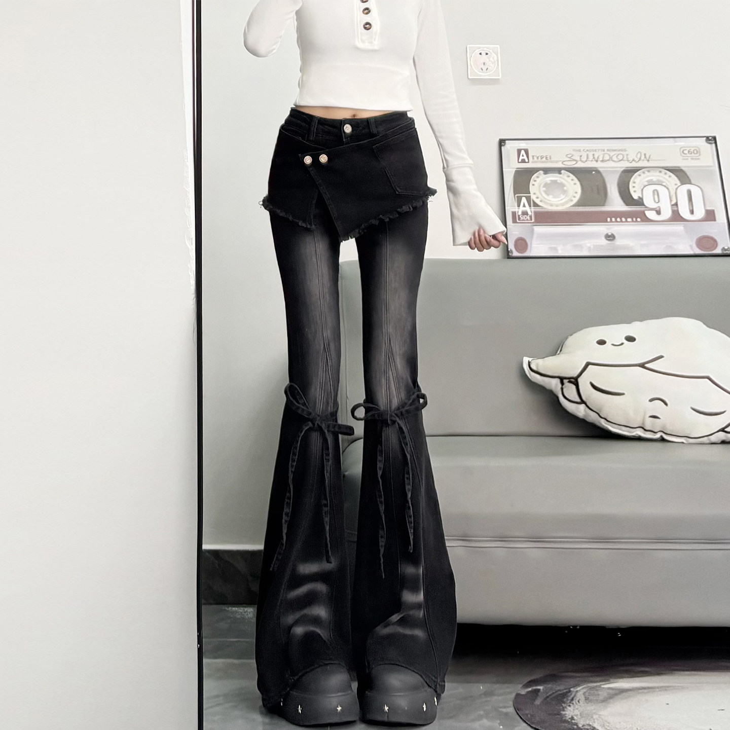 大码女装复古辣妹风假两件牛仔裤女胖mm高街显瘦学生弹力喇叭裤子,女装/女士精品,大码裤装,淘宝优惠券,粉丝福利购,淘宝优惠卷