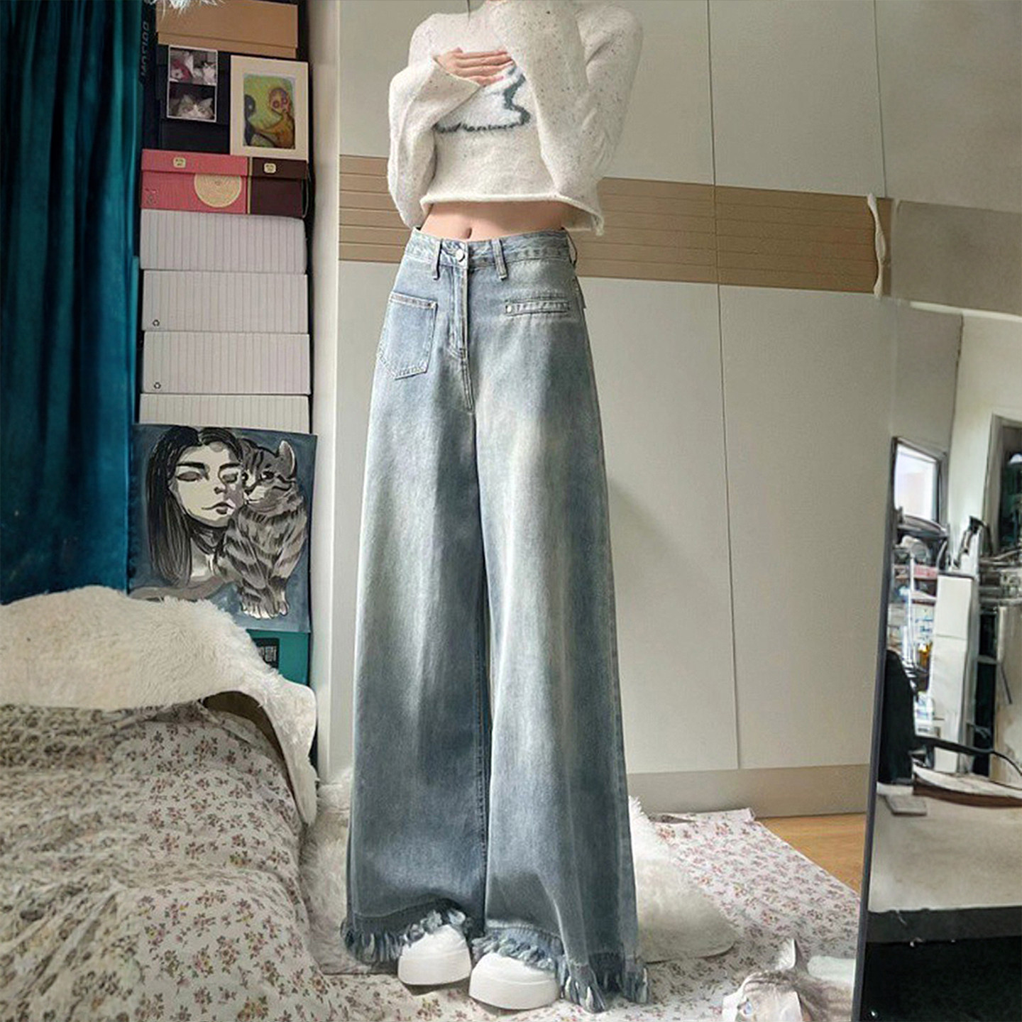 300斤大码女装设计感毛边牛仔裤女胖mm宽松垂感慵懒风阔腿长裤子,女装/女士精品,大码裤装,淘宝优惠券,粉丝福利购,淘宝优惠卷