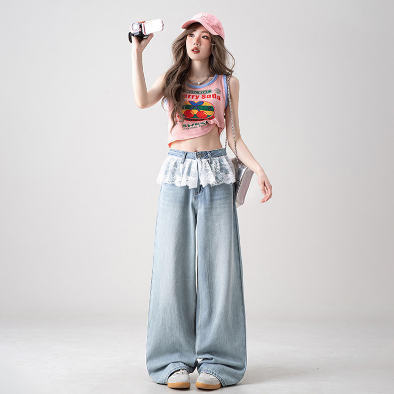 大码女装浅色高腰直筒牛仔裤女胖mm慵懒松弛感裤子蕾丝拼接阔腿裤,女装/女士精品,大码裤装,淘宝优惠券,粉丝福利购,淘宝优惠卷