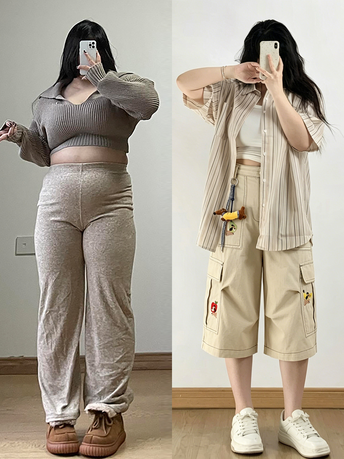 大码胖mm学院风卡其色牛仔短裤女夏季高腰直筒显瘦宽松阔腿七分裤