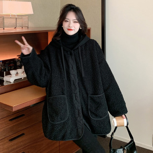 学院风小众设计棉衣棉服女 连帽羊羔毛外套女韩版 300斤特大码 女装