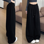 胖mm大码 女宽松bf慵懒风遮肉显瘦阔腿卫裤 女装 黑色高腰运动休闲裤