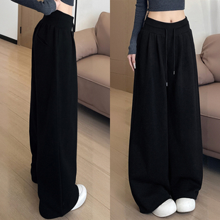女宽松bf慵懒风遮肉显瘦阔腿卫裤 黑色高腰运动休闲裤 女装 胖mm大码