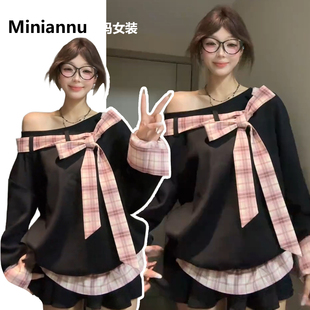 简约慵懒风斜肩百搭卫衣 胖mm小众设计感蝴蝶结上衣女秋季 大码 女装