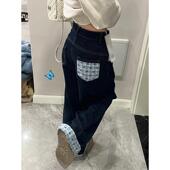 女胖mm设计感格子翻边显瘦阔腿长裤 300斤大码 韩系ins蓝色牛仔裤