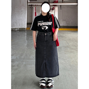 復古開叉牛仔半身裙女夏季 胖mm寬松裙子梨形身材顯瘦半裙 女裝 大碼