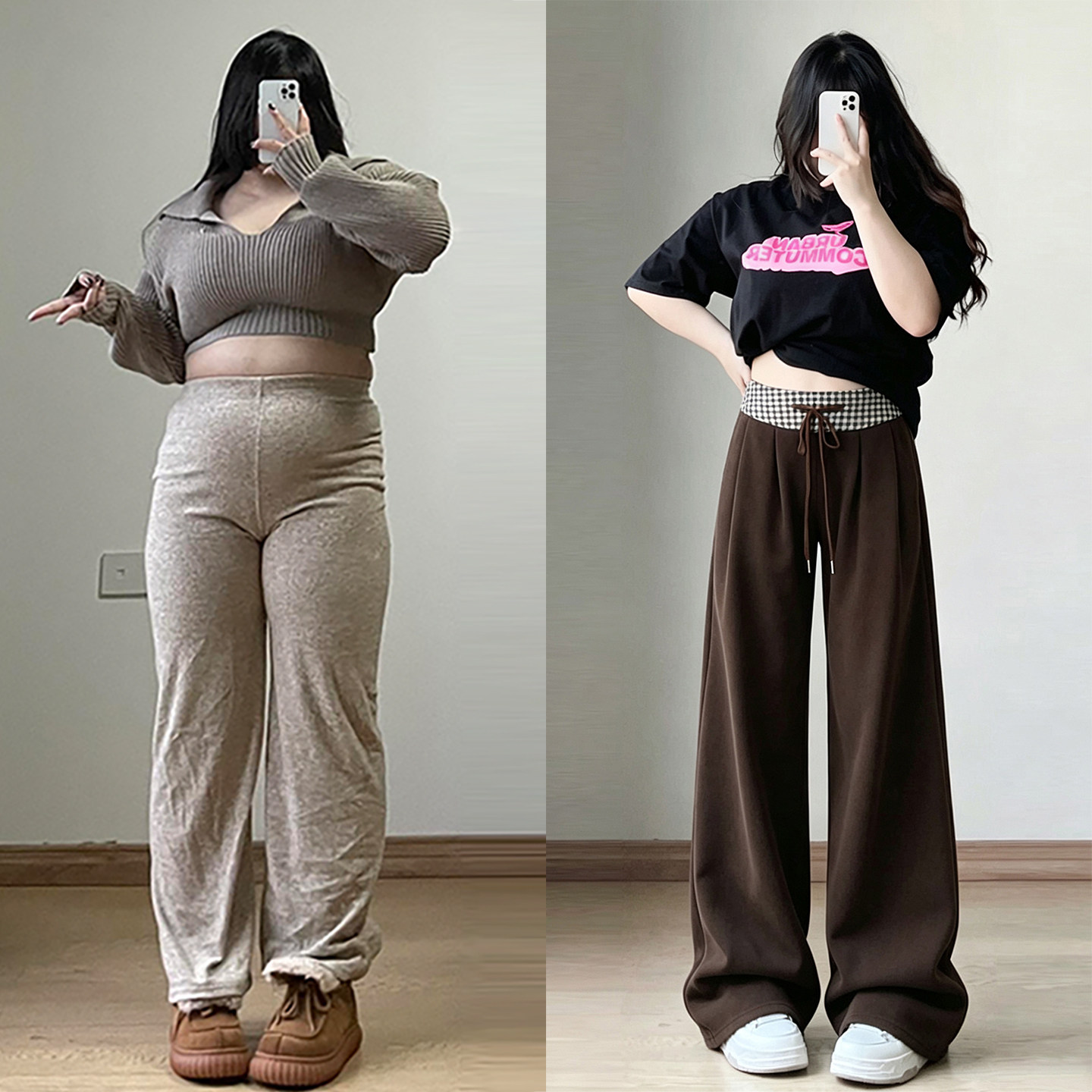 大码女装美式复古棕色阔腿休闲裤女秋冬美拉德梨型身材巨遮胯裤子