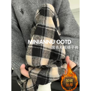 胖mm复古加绒休闲裤 子直筒裤 女冬季 黑白毛呢裤 保暖加厚卫裤 特大码