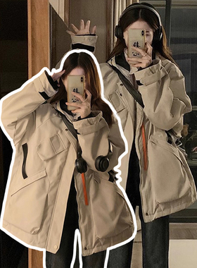 300斤大码胖mm美式复古夹棉加厚棉服女秋冬新款工装派克服外套潮