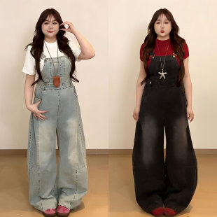 女宽松显瘦遮肉学生连体裤 胖mm韩系穿搭蓝色牛仔背带裤 子 女装 大码