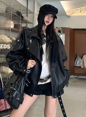 300斤大码女装美式高街皮衣外套女胖mm黑色高级感休闲风夹克上衣