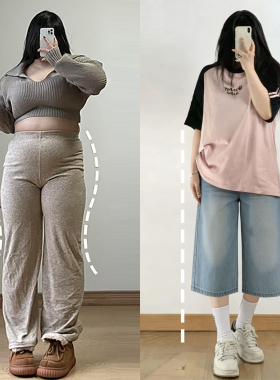 胖mm大码女装简约百搭蓝色阔腿牛仔短裤女夏季韩系chic感七分裤子