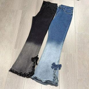 蝴蝶结高腰弹力微喇裤 胖mm大码 女美式 渐变设计感开叉牛仔裤 子 女装