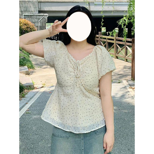 大码法式碎花波点显瘦泡泡袖上衣