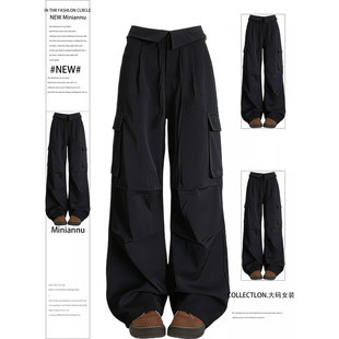 梨型身材显瘦慵懒风直筒裤 大码 女春季 胖mm黑色高腰休闲卫裤 子 女装