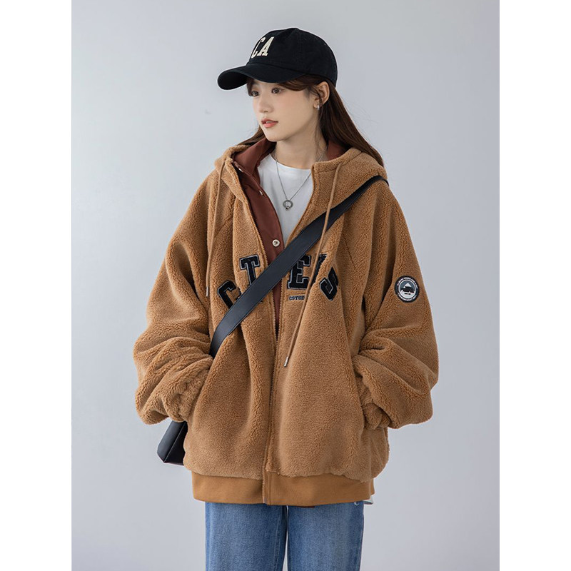 胖mm大码女装美式复古双面穿棉衣棉服冬季宽松连帽羊羔毛加厚外套
