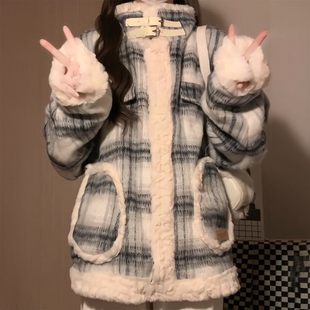 ins学院风厚外套 格纹拼接羊羔毛保暖棉服女胖mm韩版 300斤大码 女装