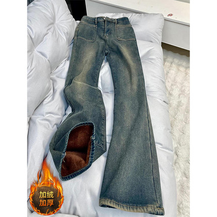 300斤大码女装胖mm美式复古加绒牛仔裤女新款弹力裤子加厚微喇裤