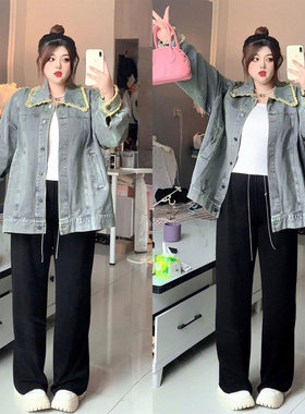 大码胖mm韩系穿搭蓝色牛仔外套女2026新款辣妹风高街百搭夹克上衣