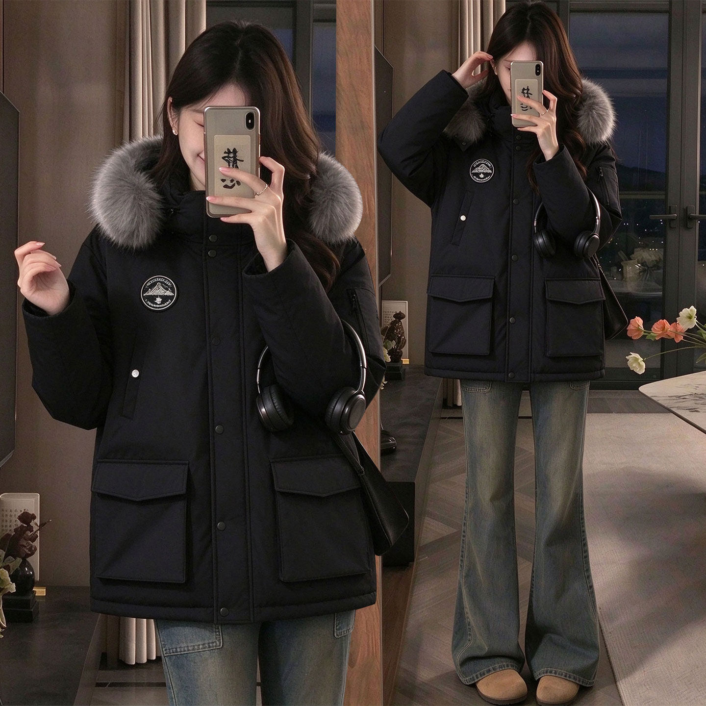 大码女装黑色加厚连帽毛领棉服女秋冬胖mm学院风宽松显瘦保暖外套