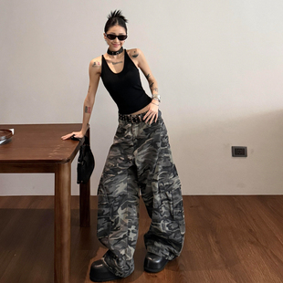设计感宽松长裤 特大码 女秋季 复古迷彩弯刀多口袋牛仔裤 子 胖mm美式