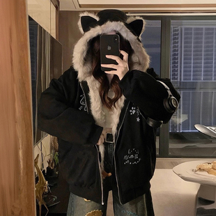 甜酷风设计毛绒绒外套 黑色加厚保暖棉服女胖mm美式 300斤大码 女装