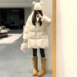 特大码 宽松显瘦加厚保暖外套 胖mm温柔甜美风粉色连帽棉服女中长款