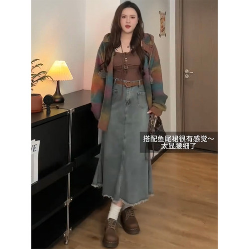 特大码韩版ins淑女风蓝色a字长裙