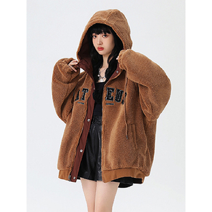 复古双面穿羊羔毛加厚棉服女冬季 美式 胖mm宽松外套 女装 300斤大码